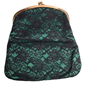 Vintage Mel-Ton Lace Evening Clutch With Gold-Tone Frame & Snap Closure Black Fl